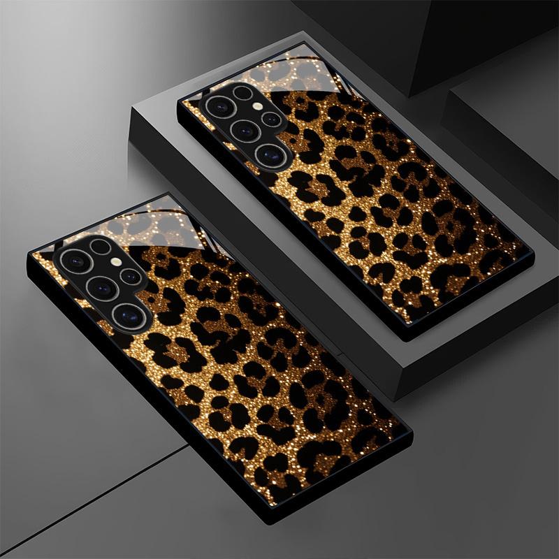 Leopard print design tempered glass phone case suitable for Samsung Galaxy S26 S25 S24 S23 S22 S21 S20 FE Ultra Plus anti drop