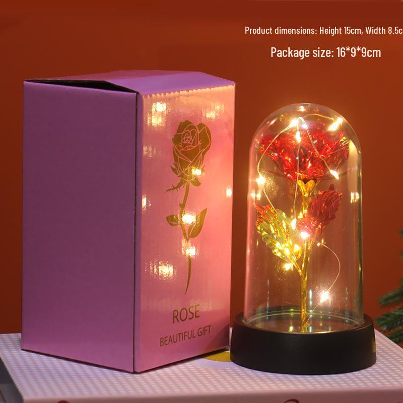 LED Gold Foil Rose with Crystal Glass Cover - Light-up Preserved Flower Ornament for Valentine's Day or Christmas Gift