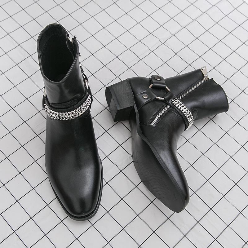 

Мужские ботинки челси на молнии, цепочка, уличный стиль, британские ботинки Мартина, зима 2025, высокие, на толстой подошве, увеличивающие рост, мужская обувь 38 чёрный