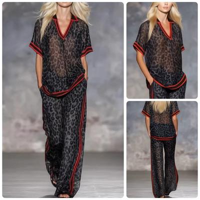 DM078 2026 Cross-border Spice Girl Vacation Leopard Print Collided Red Edge Chiffon Set V-Neck Short Sleeve Top Wide Leg Trousers