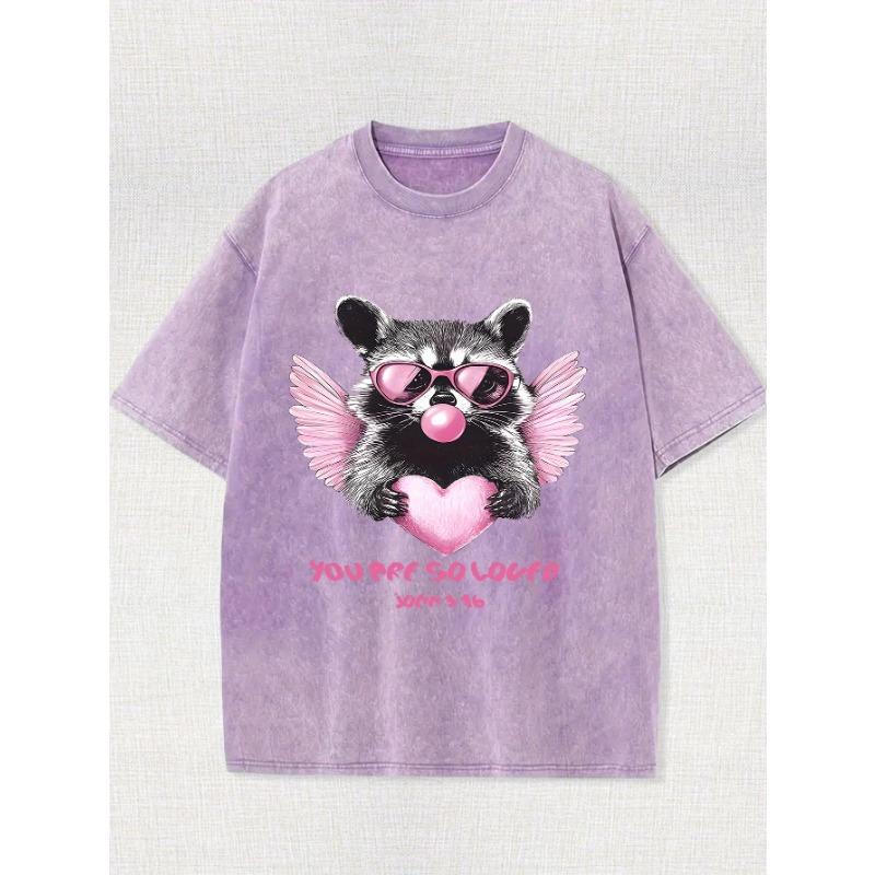 Men's Vintage Washed Cotton T-Shirt - Casual Loose Fit, Round Neck, Short Sleeve with Unique Raccoon Print and Heart Detail