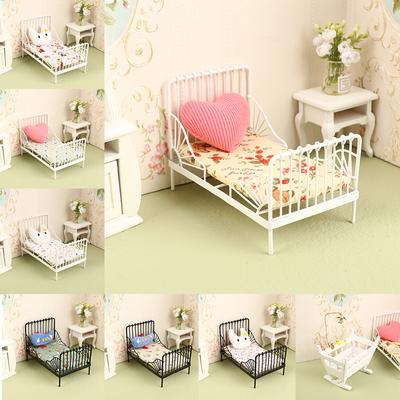 1:12 Dollhouse Mini European Fier Bed Leagan Pat Perna Pat Saltea Decor Dormitor