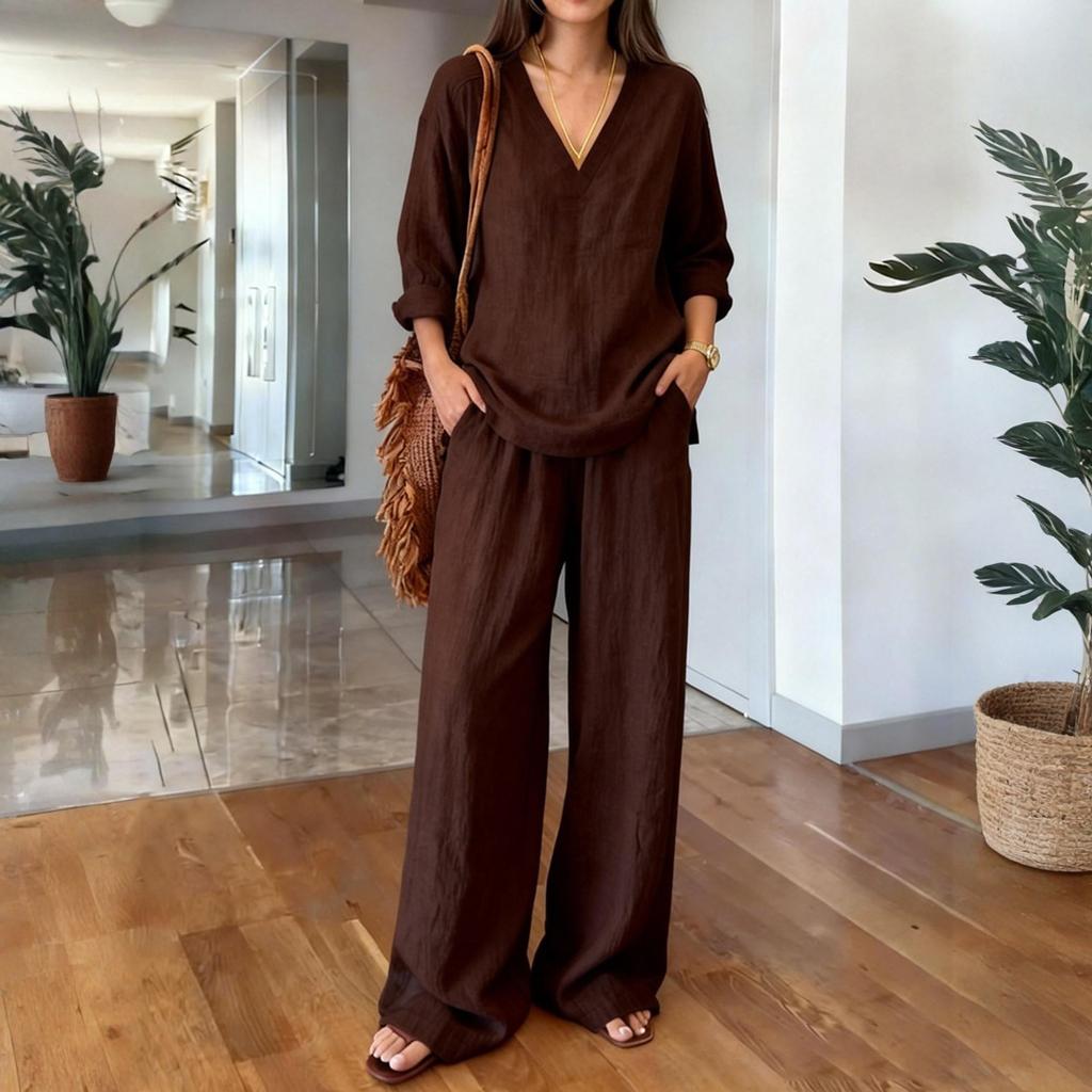 Zweiteiler für Damen - einfarbig - Baumwolle und Leinen - Langarm - V-Ausschnitt - Oberteil - Gerade geschnittene - Lässige - Hose - Set