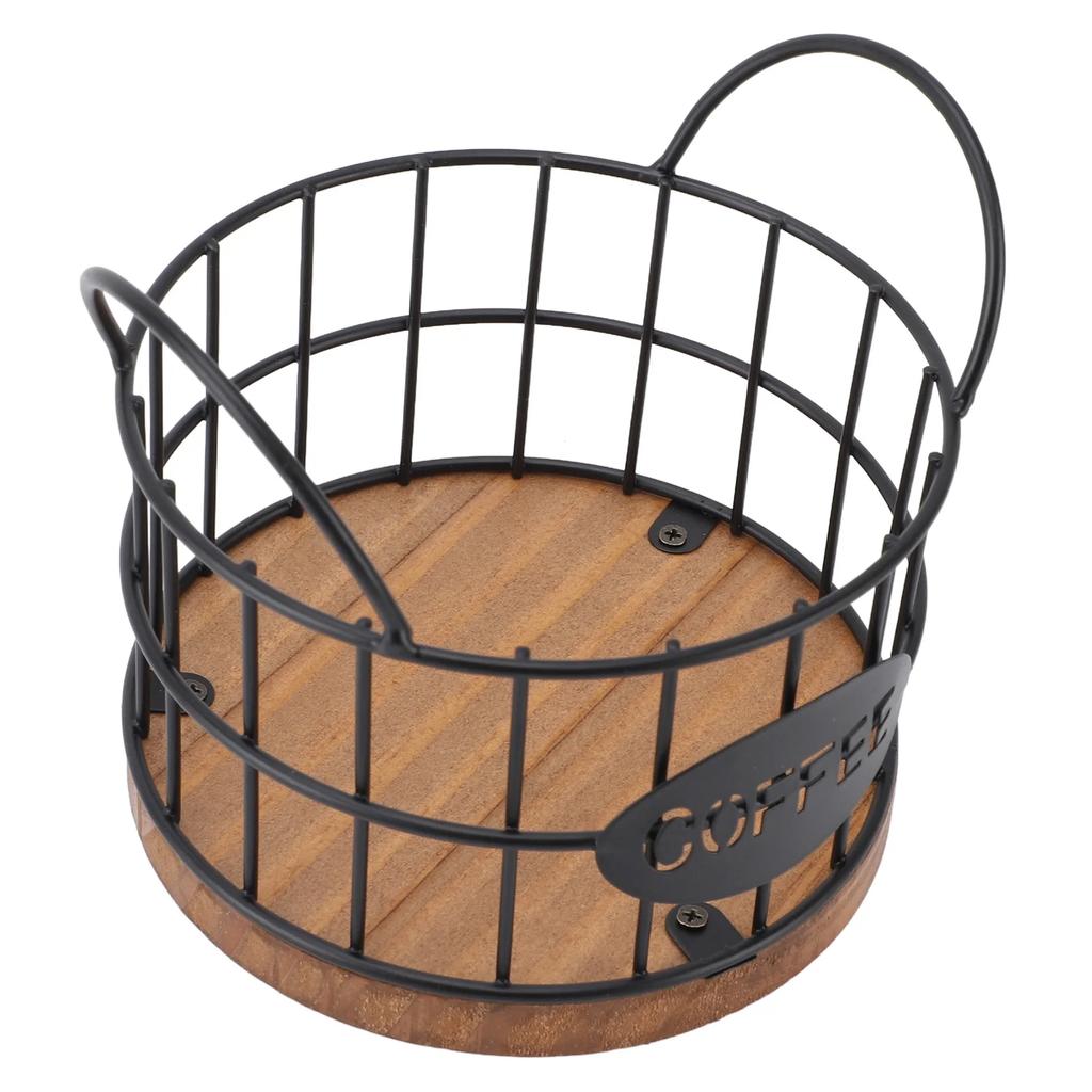Coffee Pod Basket Round Iron Wire Storage Basket Large Capacity Coffee Capsule Holder with Wooden Base for Home Office