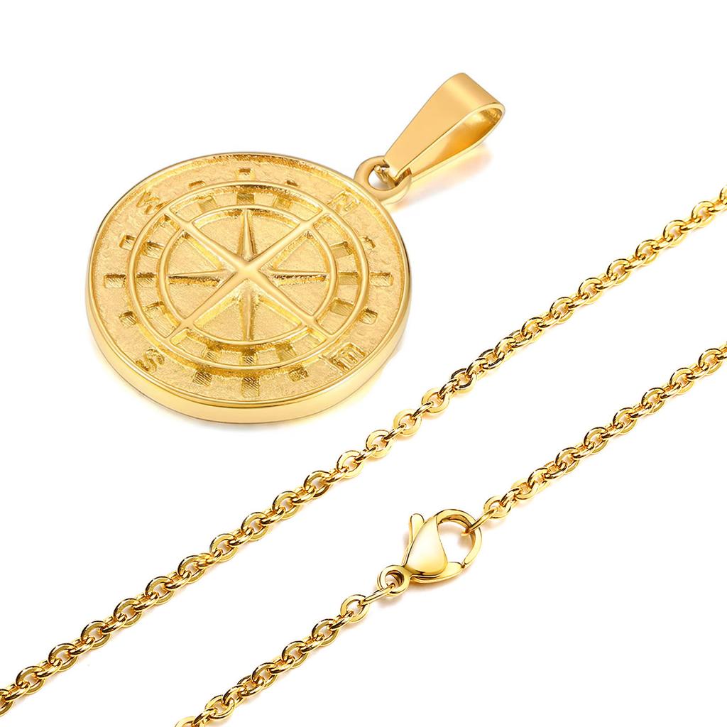 Gold Color Mens Compass Necklaces,Vintage Viking North Star Anchor Medal,Stainless Steel Pendant for Male Boyfriend Dad Gift