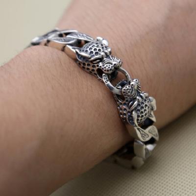 S925 Sterling Silver Carved Double Leopard Head Large Thick Hand Chain S925 Bangle Bracelet