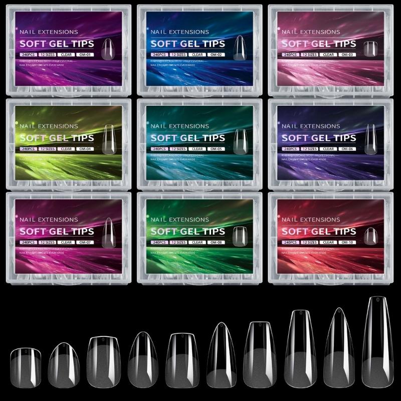 240Pcs Medium Almond Gel Nail Tips Full Cover Clear Acrylic Nails Gel Extensions 12 Sizes for Home Manicure