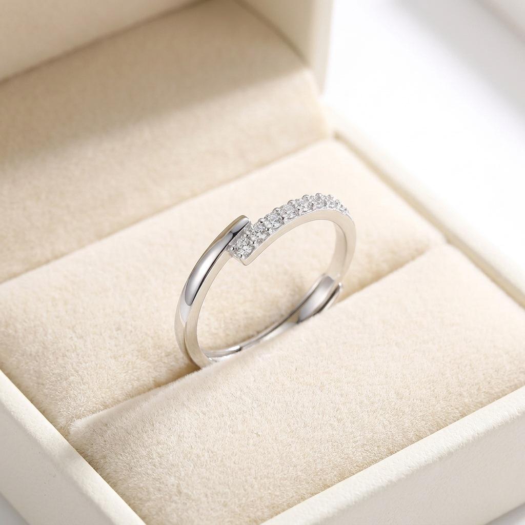 S925 Sterling Silver Adjustable Asymmetrical Diamond Ring - Minimalist, Cool, Intellectual Women's Accessory.