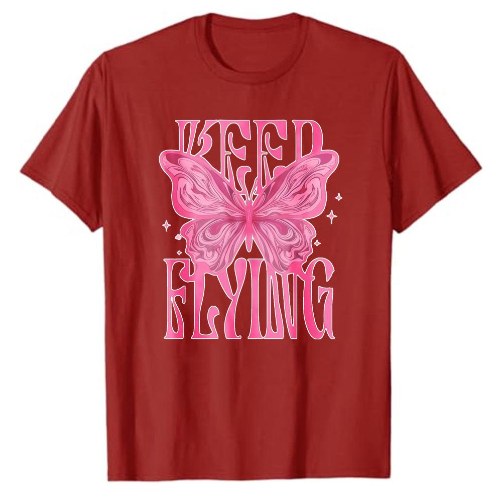 Aesthetic Pink Butterfly Keep Flying Letter Print Tshirt Women Cotton Tee Inspirational Quote Casual Y2K Streetwear Daily Tops
