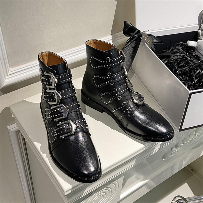 Fashion New Autumn Winter Women Boots Cow Leather Ankle Boot Fashion Rivet Belt Buckle Boots for Women Round Toe Low Heel Western Boots