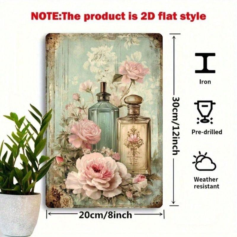 Vintage Metal Wall Sign 20x30cm Rose Perfume Bottle Decor