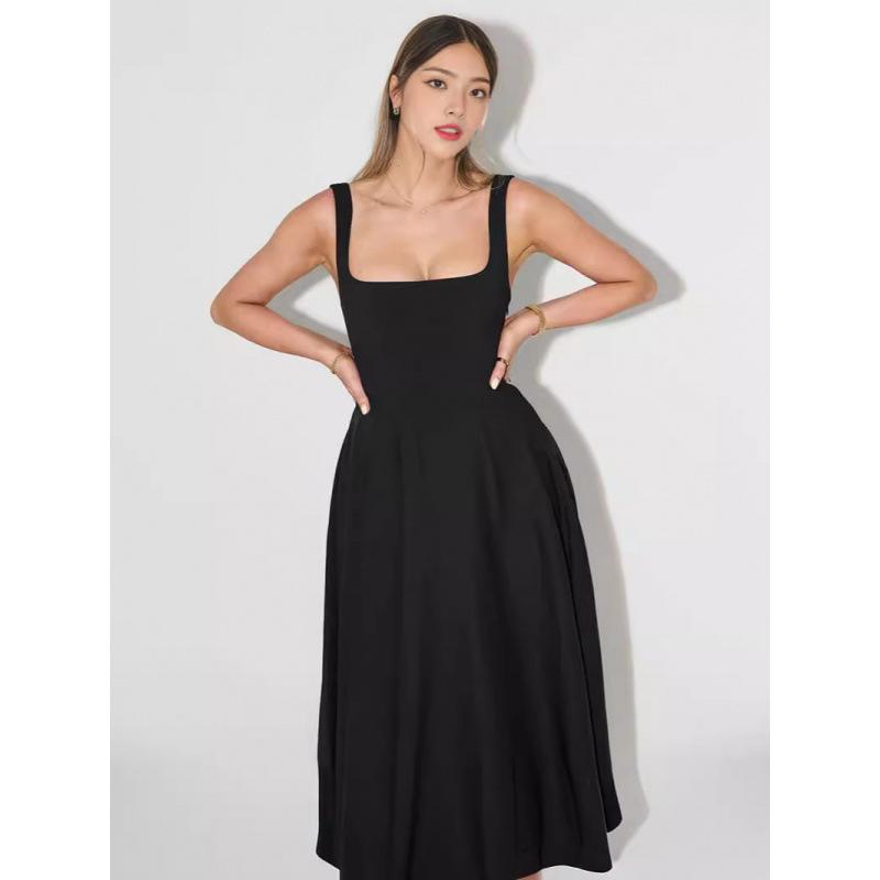 Women's Square Neck Sleeveless Midi Dress Spaghetti Strap High Waist A Line Flowy Long Summer Casual Dress With Pockets