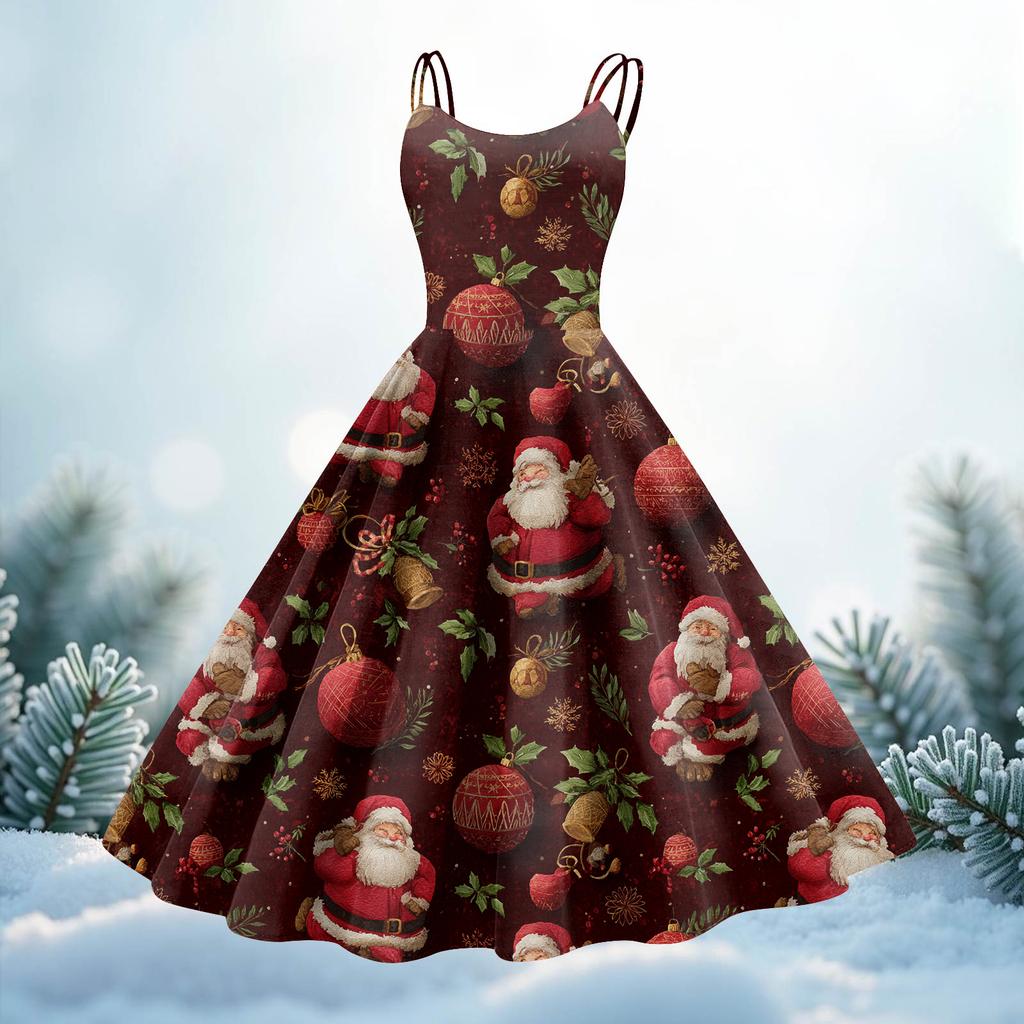 Women's Christmas Print Casual Fashion Round Neck Mid-Length Dress