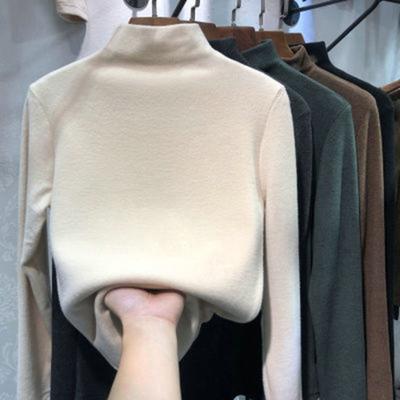 Half High Collar Long Sleeves Slim Fit Bottoming Blouse Autumn Winter Thickened Fleece Lined Pure Color Thermal Top Daily Clothing