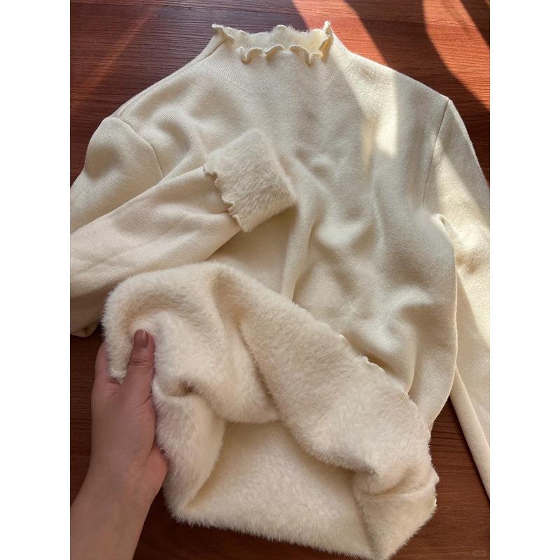 Fungus Edge Fleece Thickened Semi-turtleneck Sweater Women's Spring Soft Waxy Bottoming Shirt Top with Knitted Sweater Inside