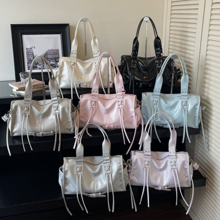 Bolsa tote feminina brilhante com cordão e franjas, bolsa de ombro