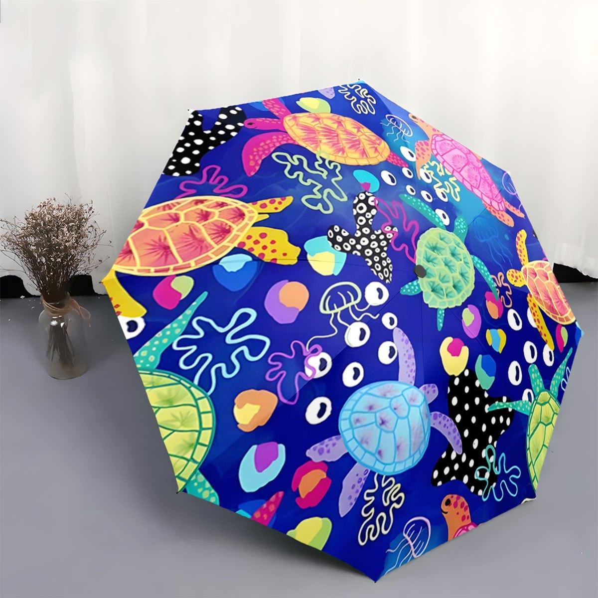 

Portable Folding Umbrella with Marine-Themed Turtle & Coral Reef Design - 8-Rib Automatic Open/Close, Compact Travel Umbrella (as the picture,Iron&8K)