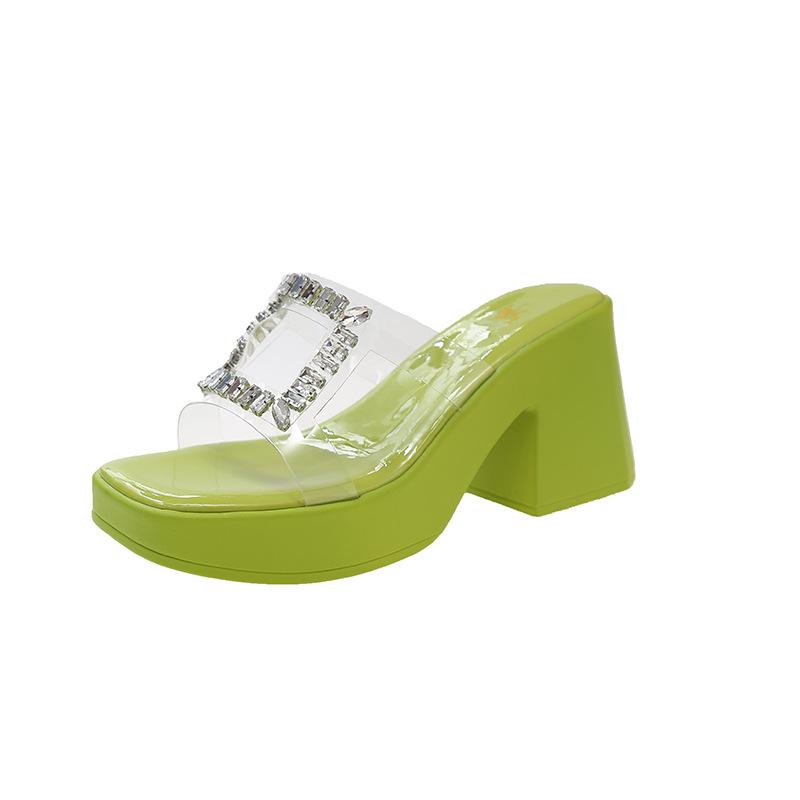 

Cool slippers women s summer new fashion sequins one-word rhinestone half slippers versatile platform high heels 35 зелений