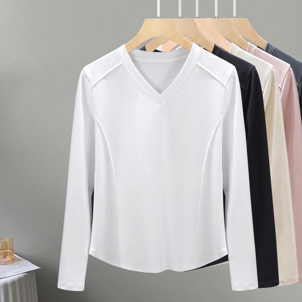 High-quality Xinjiang Cotton Long-sleeved Women's Front Shoulder Mercerized Cotton Outer Wear with White Spring Bottoming Shirt