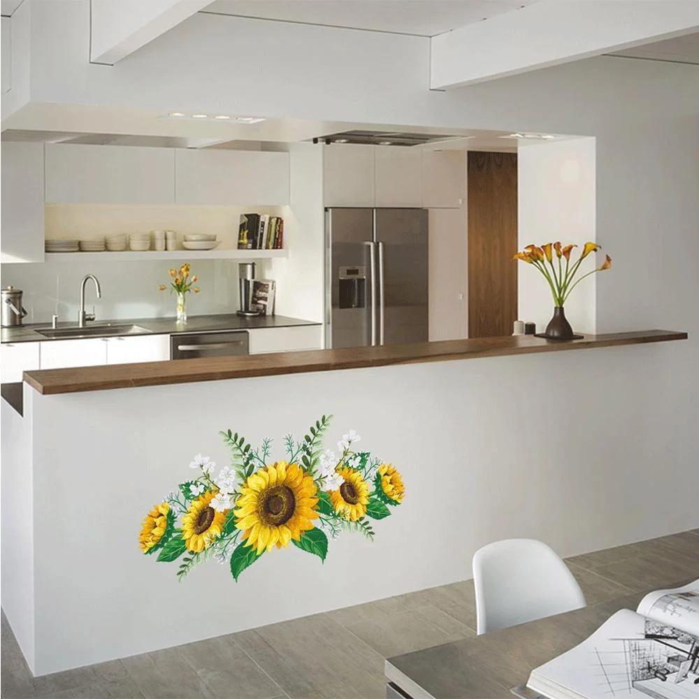 Pegatinas de Pared de Girasol 60cmx30cm Decoración para Habitación Infantil Flor Adhesiva para Dormitorio Decoración del Hogar Papel Pintado Adhesivo