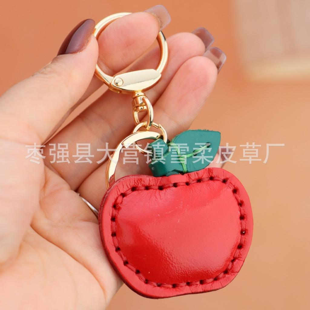 First Layer Cowhide Small Apple Keychain Pendant Locomotive Car Key Chain Accessories Bag Pendant Cute Little Gift
