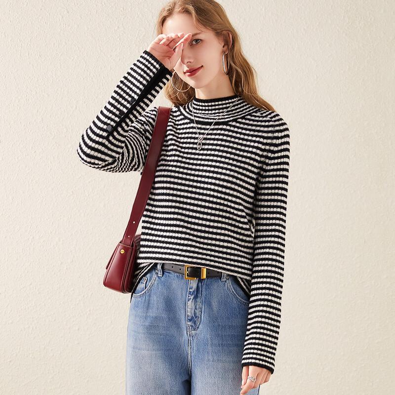 

TUHUANG Women s Pure Wool Striped Color Block Mock Neck Sweater L
