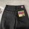 Mens Embroidered High-Waisted Straight Cut Denim Pants Loose Fit Skate Style Streetwear Casual Trousers