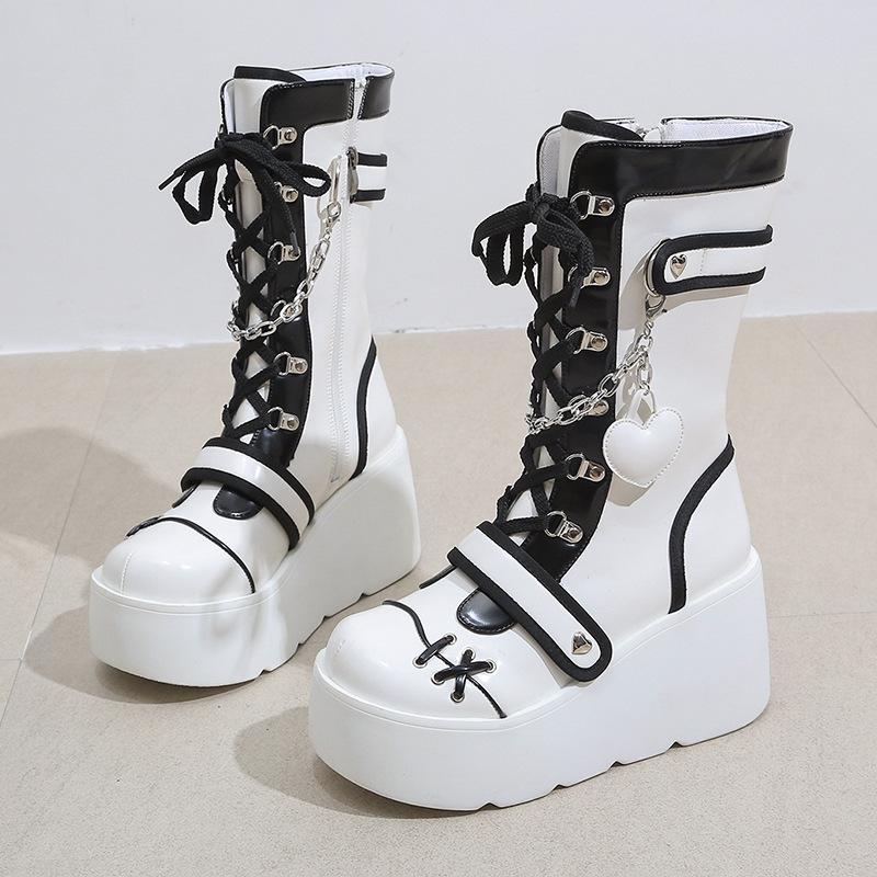 Fashion Womens Punk Gothic Motorcycle Boots Platform High Heel Ankle Boots Cute Heart Shaped Ladies Short Boots Designer Women's Shoes