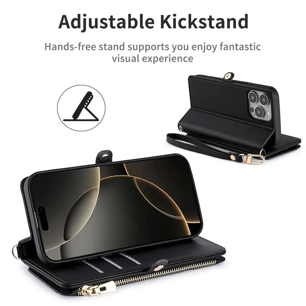 Long Strap Crossbody Leather Case For Google Pixel 10 Pro XL Pixel 9 Pro 9A 8 8A 7 7A 6 6A Zipper Wallet Card Stand Phone Cover