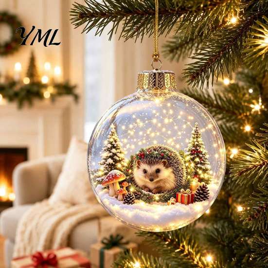 Warm Light Christmas Scenes 3D Animal Faux Crystal Ball Ornament, Lighted Acrylic Hanging Decor Indoor Party Accents with Hedgehog Penguin Panda, LED