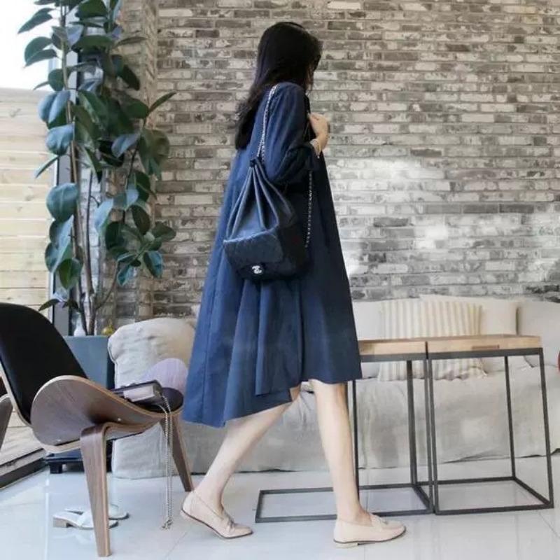 Wiosna i jesień Nowy styl Styl literacki Prosty swobodny Długi rękaw Sukienka koszulowa damska Duży rozmiar Średniej długości Sukienka za kolano Wąska