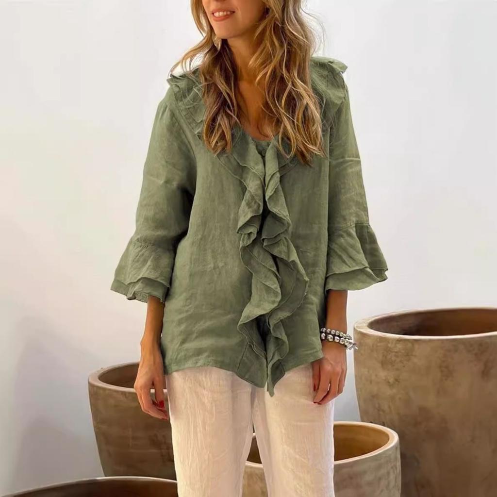 European American Style Leisure Autumn Solid Color V-neck Flutter Sleeve Ruffled Trim Multi-button Cardigan Open Top with Curved Hem