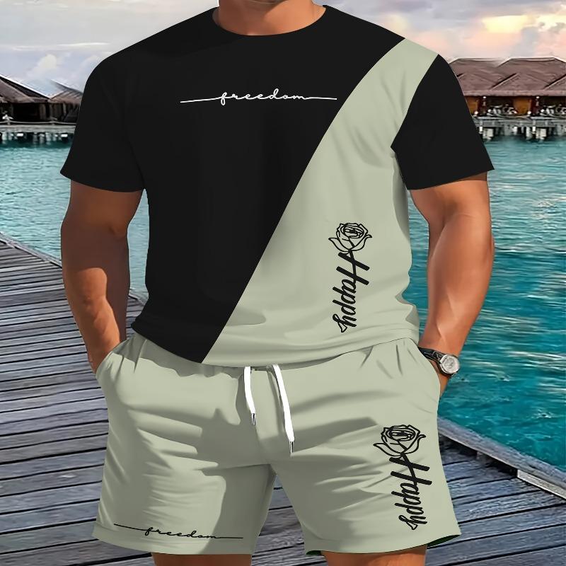 Herren Casual 3D-Druck Kurzarm-T-Shirt und Shorts Set 2XL