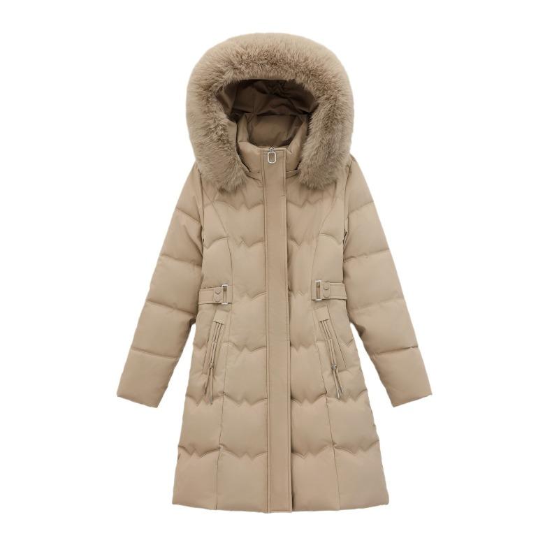 New Big Fur Collar Padded Jacket Winter Coat Fashion Medium and Long Hooded Padded Jacket Waist Rope Thin Padded Jacket Women