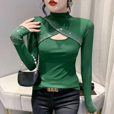 Primavera Outono Nova Moda Quente Diamante Malha Camiseta Feminina Manga Longa Oca Top Cor Sólida Meia Gola Alta Camisa de Fundo