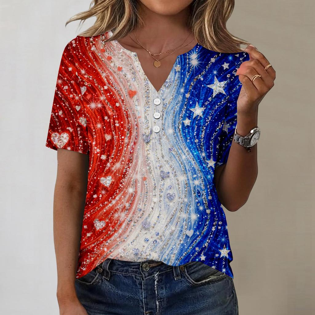 Women's fashionable casual short-sleeved Independence Day print V-neck top