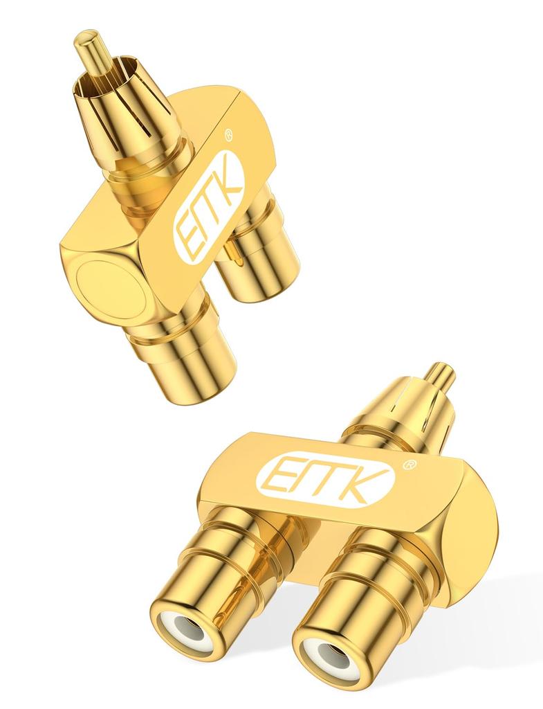 EMK RCA Splitter 1 Male to 2 Gold Plated Audio Adapter Male to 2 2-Way Adapter, 2-Way Plug, Y-Splitter, Female, Plug, 2-Pack (1 Female, Y-Shaped)