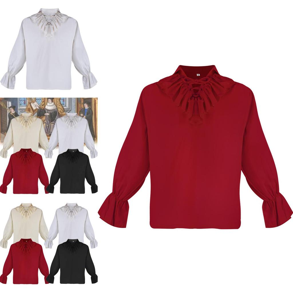 Medieval Bestselling Ruffled Puff Sleeve Shirt Vintage Men's Solid Color Cosplay Costume