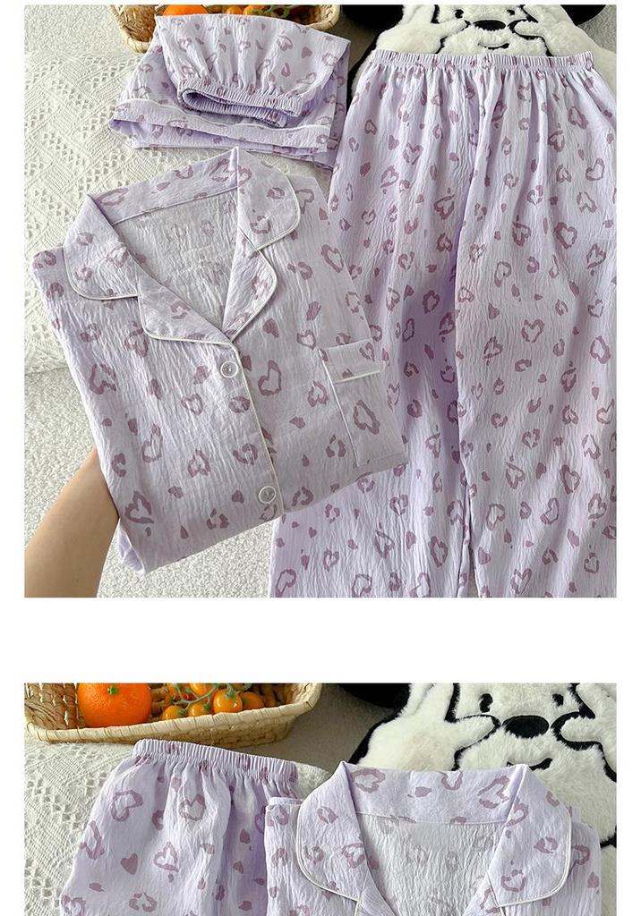 Stylish Leopard Print Heart & Cloud Cotton Pajama Set for Women - Summer Short Sleeve Three-Piece Home Wear Set