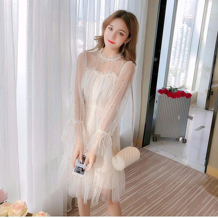 Primavera Verano elegante mujer cuello redondo estrellas lentejuelas malla brillante vestido de hadas mujeres elegante Bling gasa princesa Puff vestidos