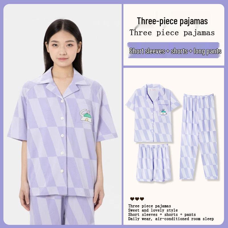 Summer Fashion Pajamas: Women's Short Sleeve Three-Piece Set with Cartoon Pacha Dog Design, Suitable for Home or Outdoors