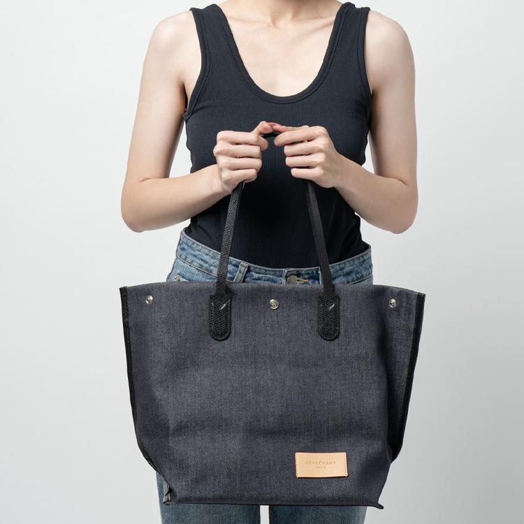 New LONGCHAMP Denim, Leather Trim Tote Bag, Shopping Bag, Handbag, Shoulder Bag Women's Dark Blue 10090HDOH06