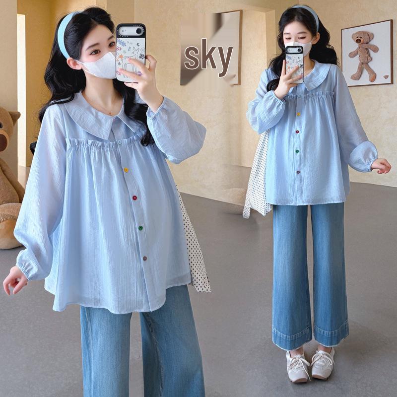 2026 Spring Korean-Style Maternity Doll Collar Patchwork Top XL