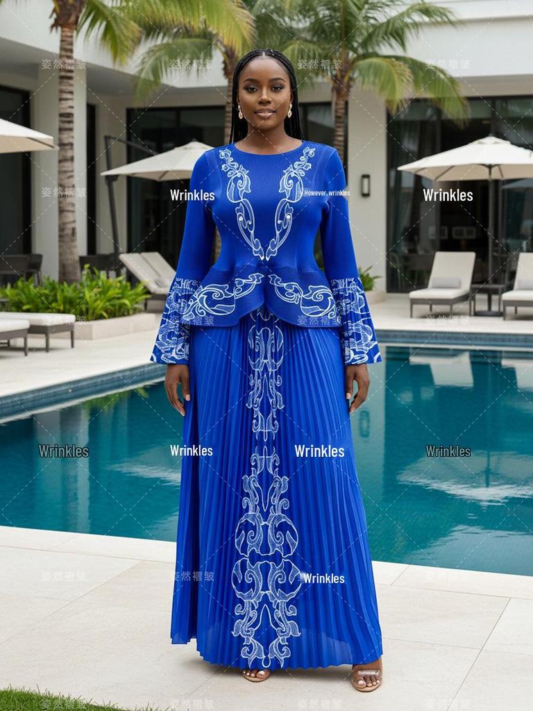 Elegant 2026 Pleated Print Slimming Suit: Plus-Size Waist-Cinched Two-Piece Dress Set