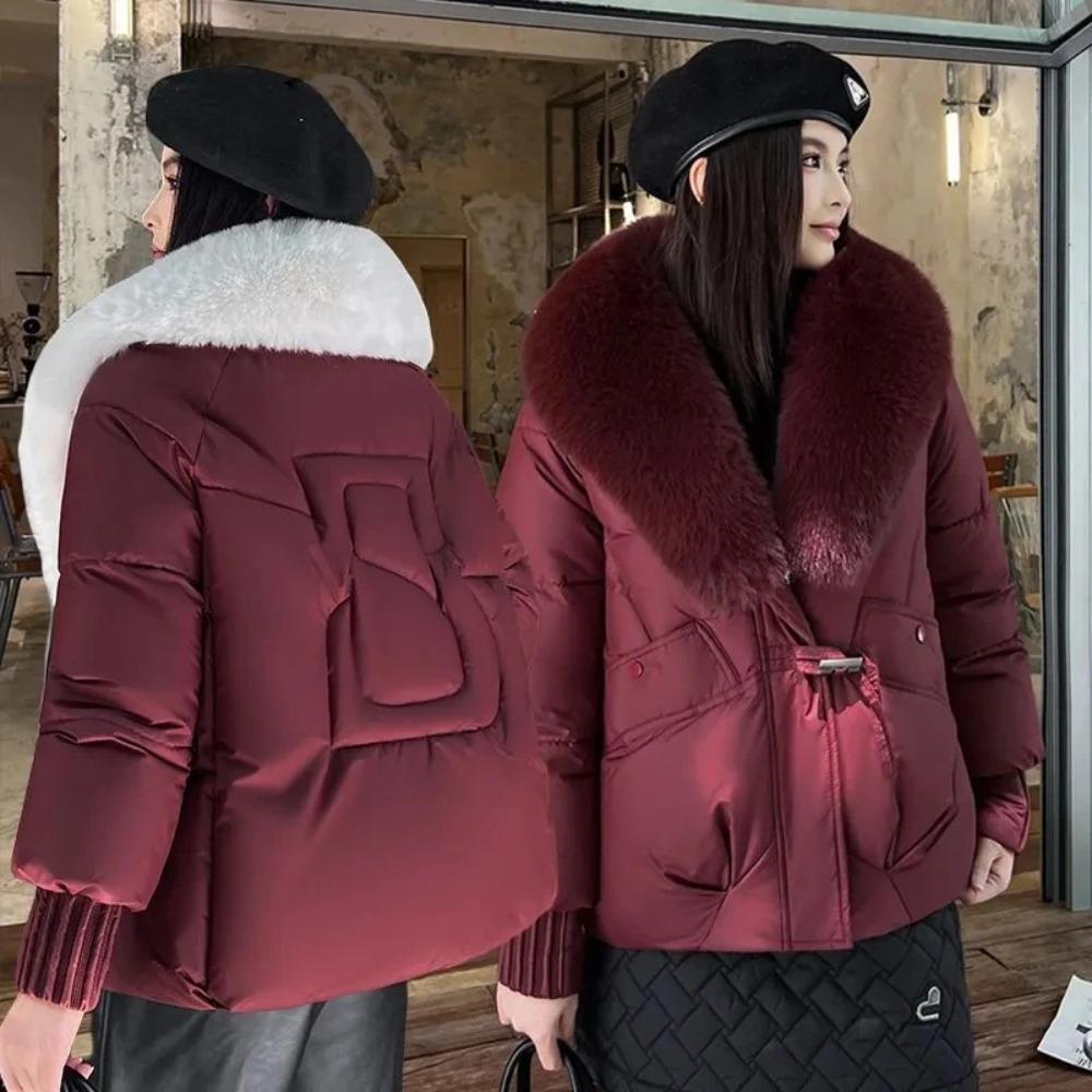 Veste d'hiver épaisse en coton avec grand col en fourrure pour femme, manteau ample type pain, manteau en coton pour femme, vêtements d'extérieur d'hiver