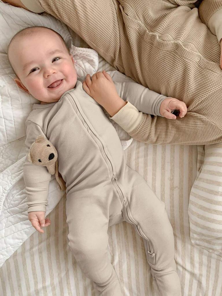 Rompers Organic Footed Rompers Baby Oatmeal [L'ovedbaby] (Zipper) ocb-454 (Beige) 0-3M (0-3 months)