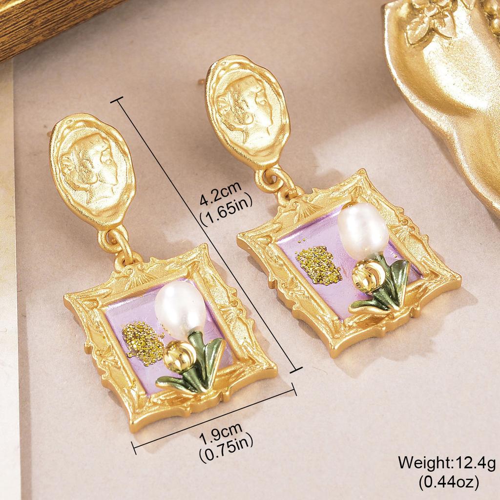 Monet Oil Painting Series Love Earrings Natural Pearl Flower Stud Earrings High Sense Personality Retro Fringed Earrings Women
