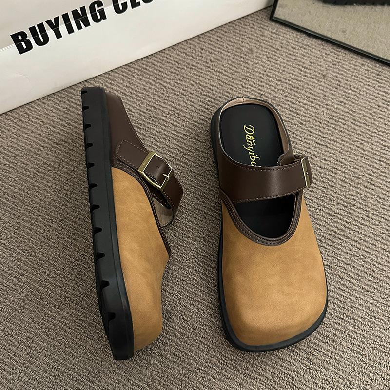 

Баотоу полутапочки женские для улицы 2025 весна и лето новые квадратный носок ретро универсальные с пряжкой через подъем крутые тапочки 40