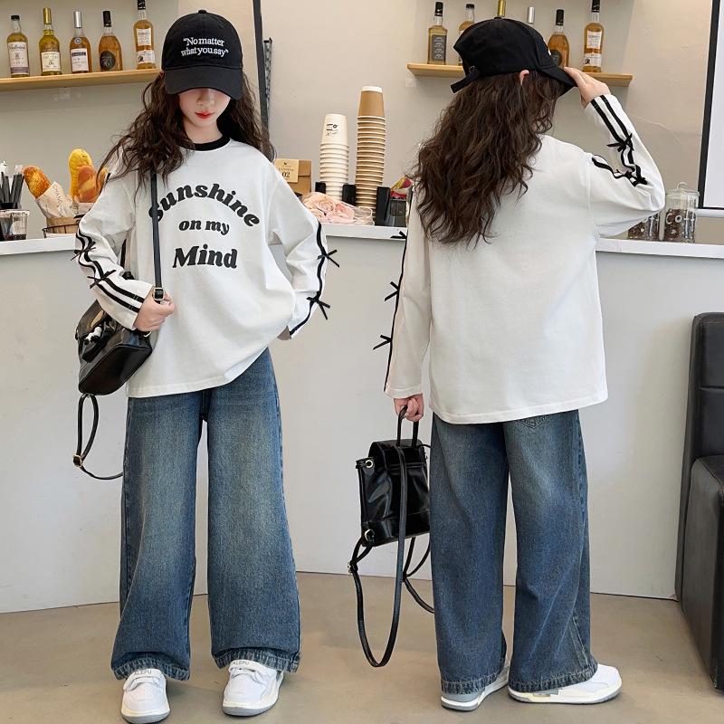 2025 Trendy Girls' Loose Long Sleeve Letter Stripe Top for Big Kids