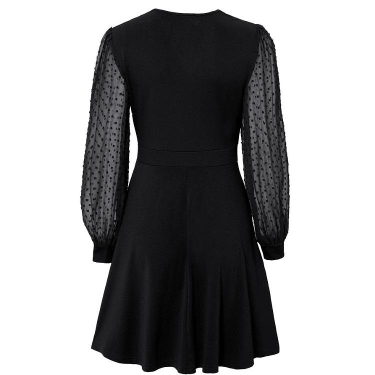 A-Line Women Solid Color V-Neck Jacquard Long Sleeve Dress Casual Spring High Waist Above Knee Summer Dresses S-XL